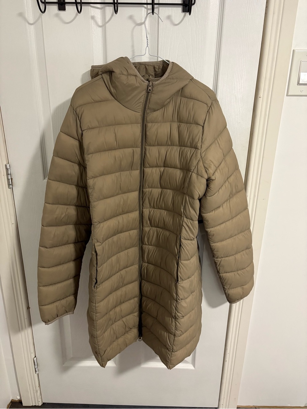 George Long Hooded Puffer Coat in Beige
